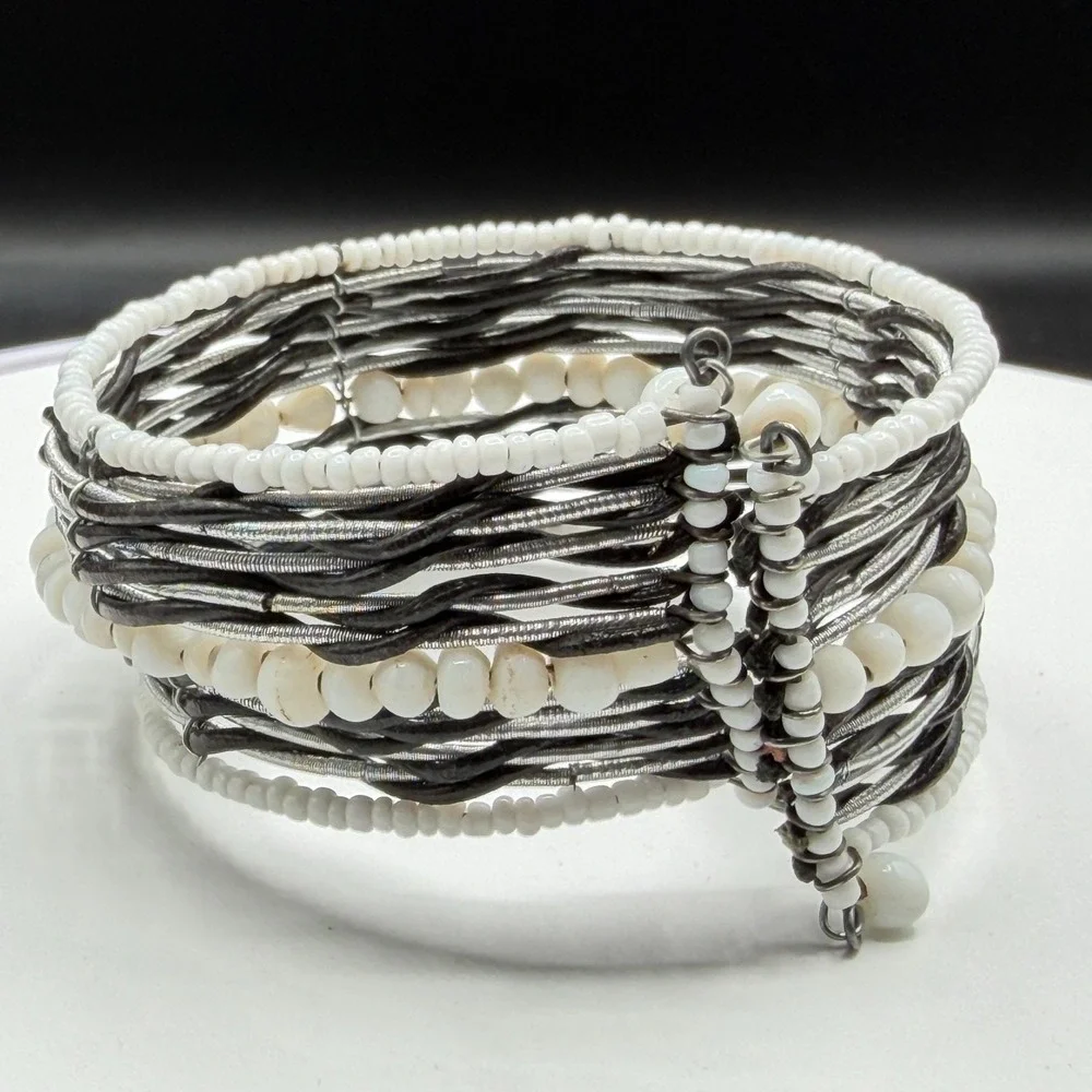 White Beaded Multi Strand Cuff Bracelet Boho Statement Layered Festival Gift